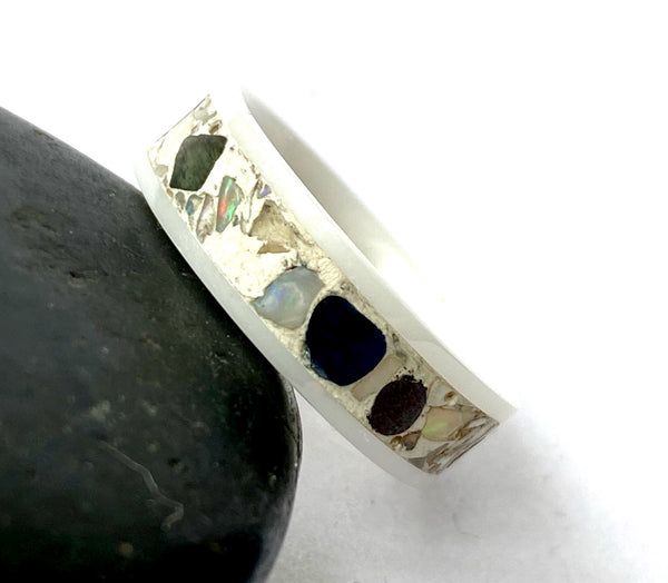 White Ceramic Opal & Sapphire Inlay Ring - Glitter and Gem Jewellery