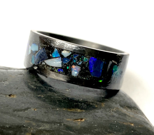 Opal Inlay Black Carbon Fibre Unisex Ring