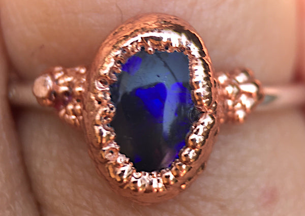 Solid Black Opal Copper & Sterling Silver Ring - Glitter and Gem Jewellery