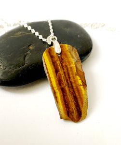 Rough Cut Tigers Eye Sterling Silver Unisex Pendant Necklace