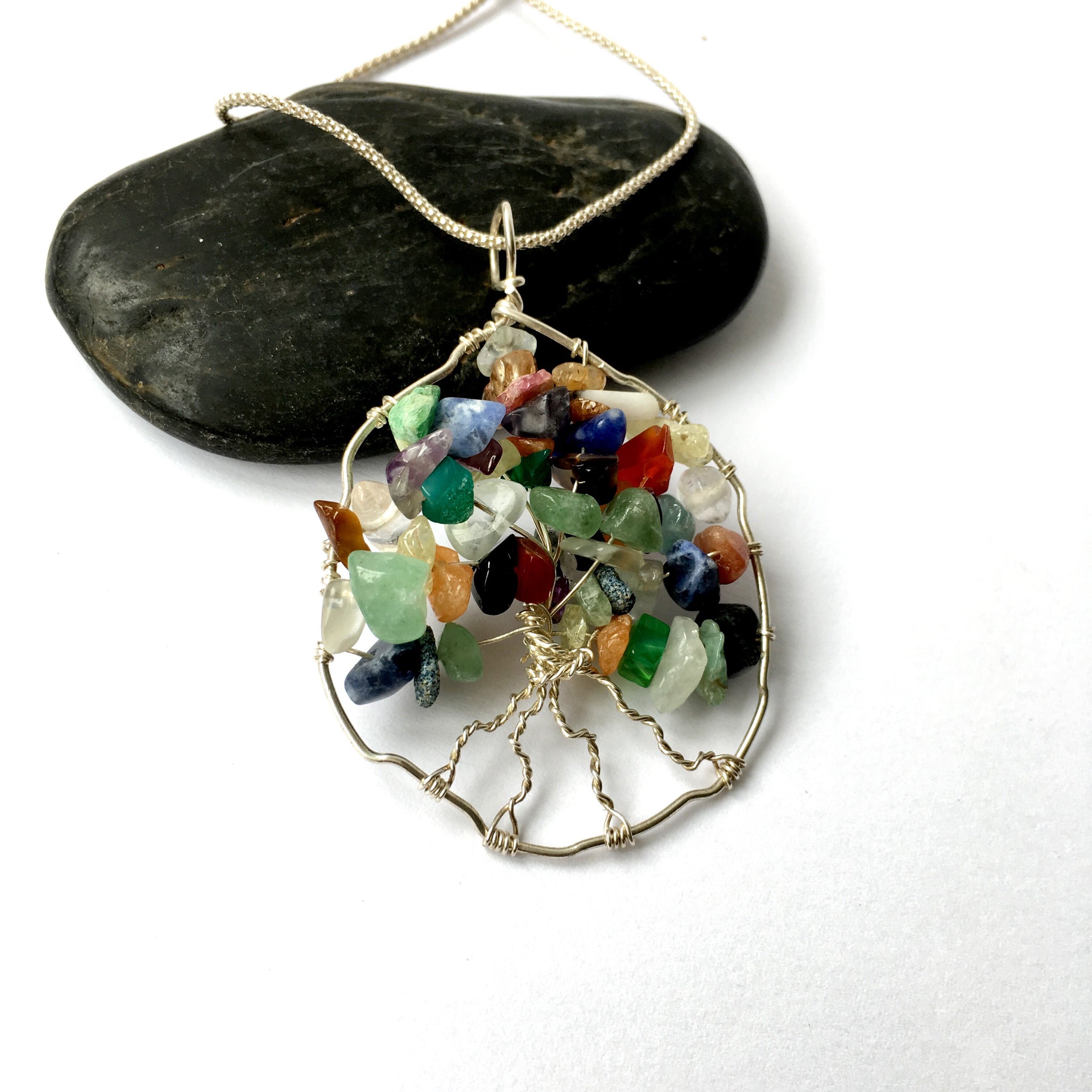 Handmade Circle Tree of Life Indian Agate Sterling Silver Pendant Necklace - Glitter and Gem Jewellery