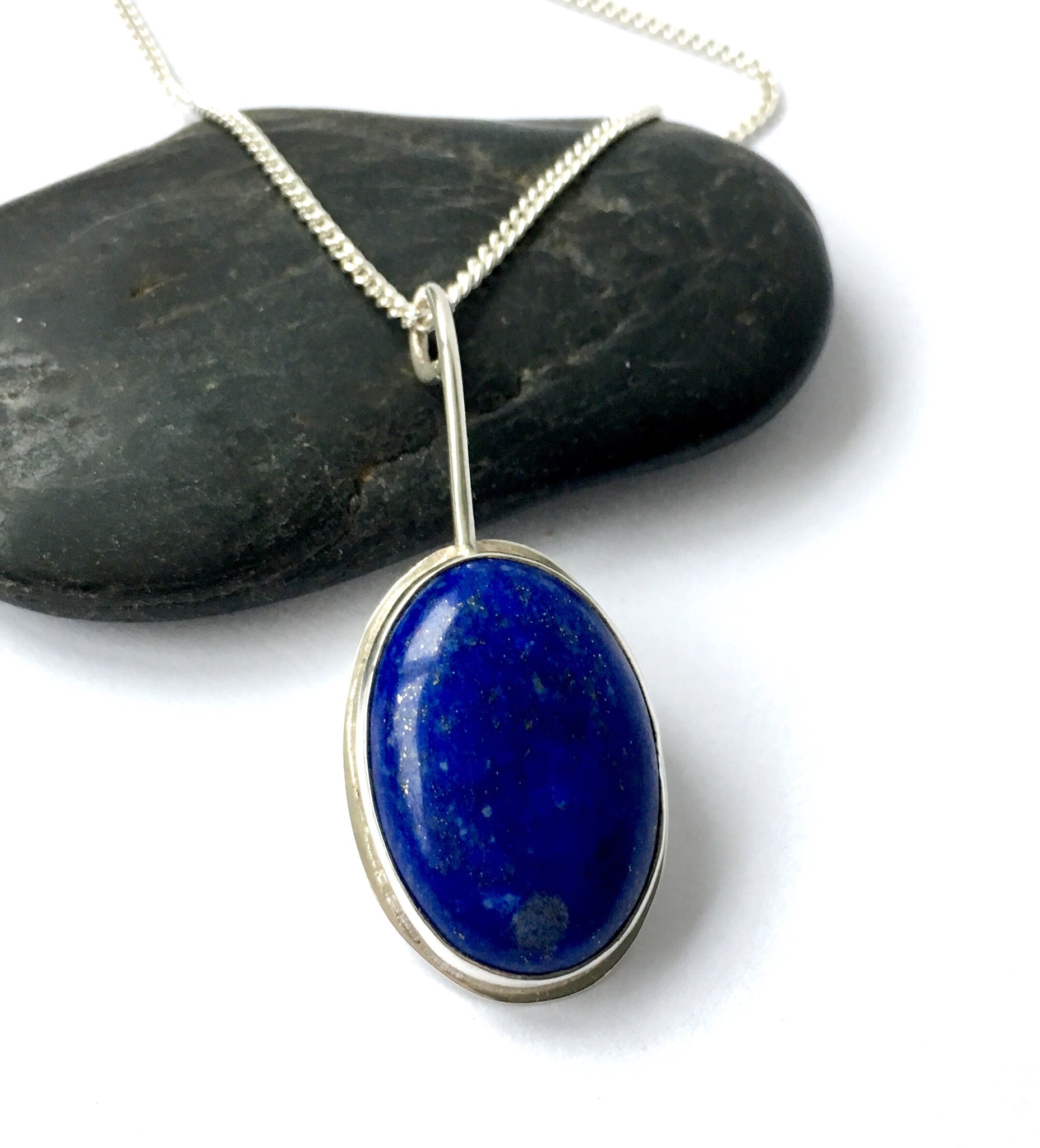 Lapis Lazuli Hand Cut in a Handmade Sterling Silver Oval Pendant Necklace. - Glitter and Gem Jewellery