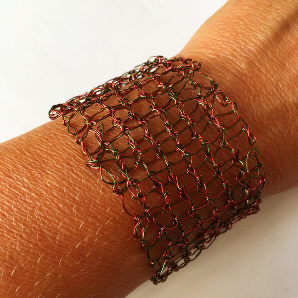 Hand Woven Burgundy & Green Wire Bracelet - Glitter and Gem Jewellery