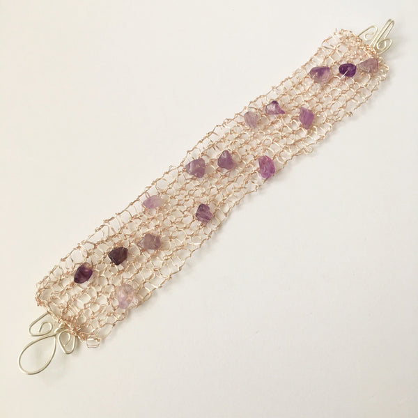 Silver & Rose Gold Hand Woven Wire & Amethyst Bracelet - Glitter and Gem Jewellery