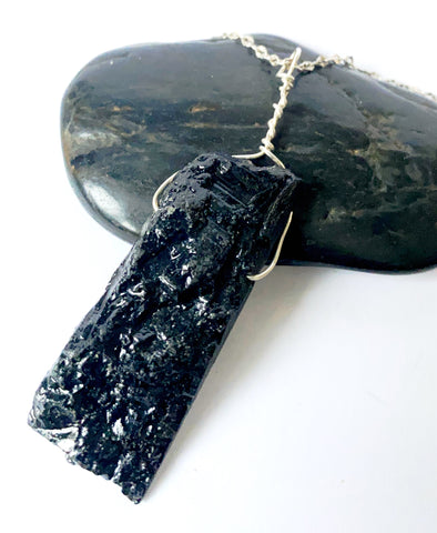Black Raw Tourmaline Sterling Silver Pendant Necklace