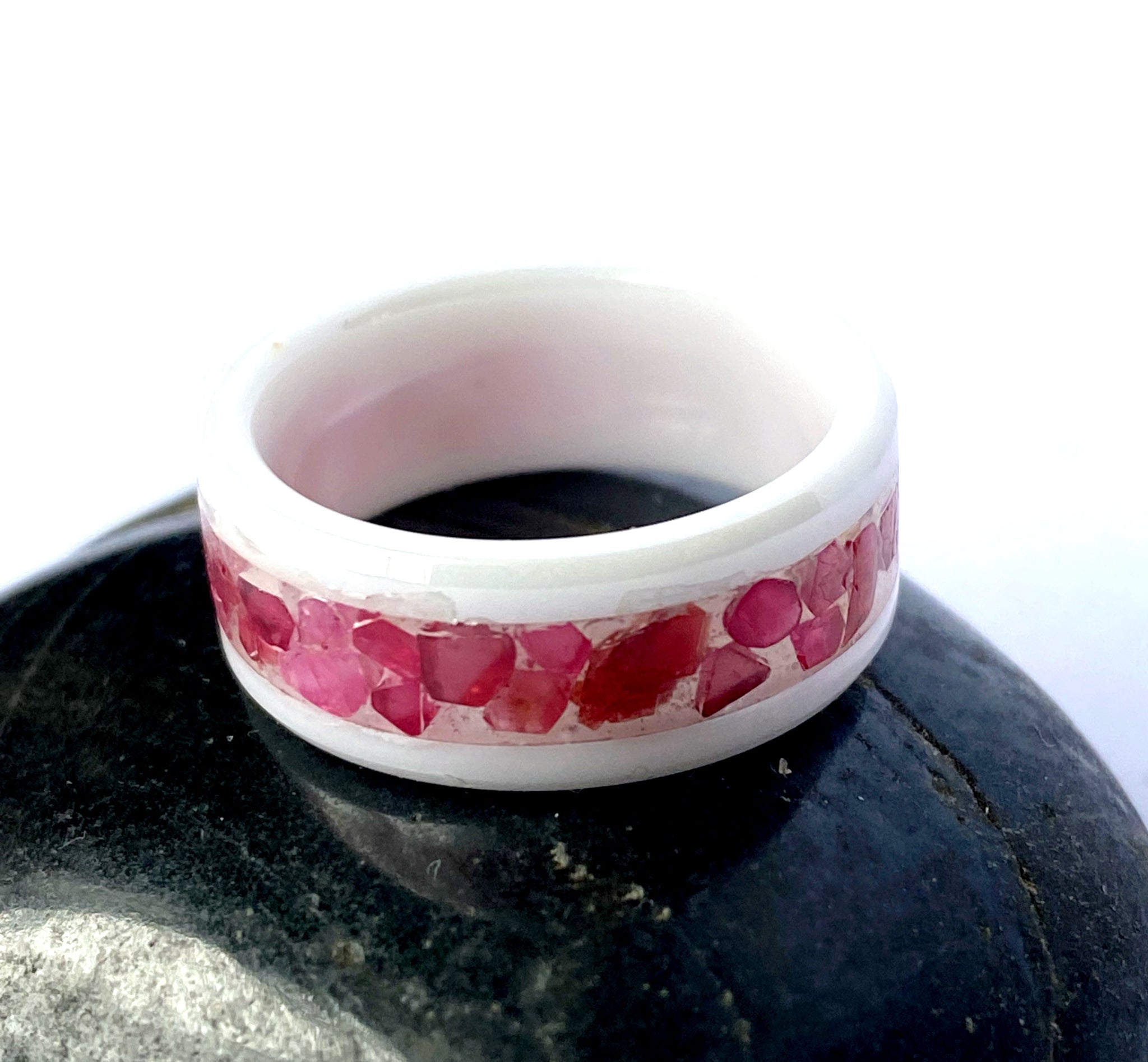 Red Spinel White Ceramic Inlay Ring