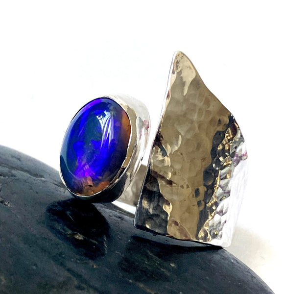Crystal Blue Opal Statement Sterling Silver Adjustable  Ring - Glitter and Gem Jewellery