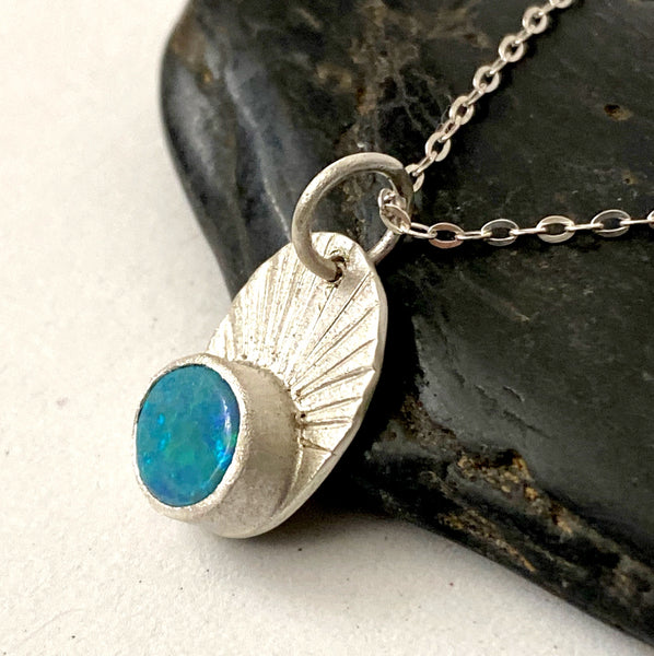 Opal Doublet Sterling Silver Textured Pendant Necklace