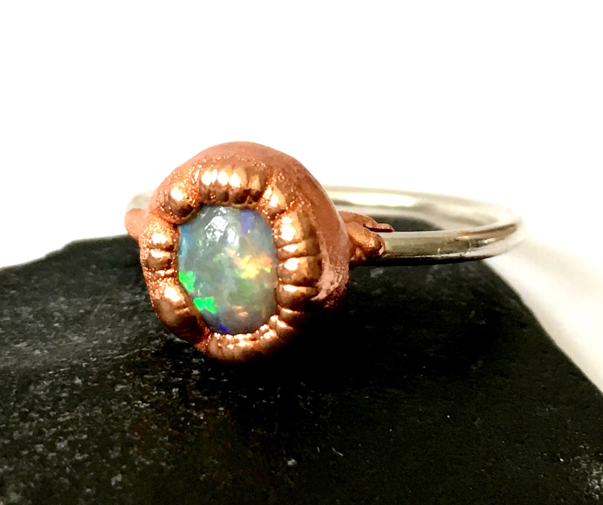 Solid Opal Copper & Sterling Silver Ring - Glitter and Gem Jewellery
