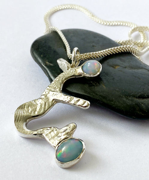Unique Sterling Silver Pendant with 2 Solid Welo Opals - Glitter and Gem Jewellery