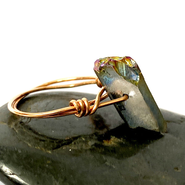 Titanium Quartz Point 14 Carat Rose Gold Filled Wire Ring - Glitter and Gem Jewellery