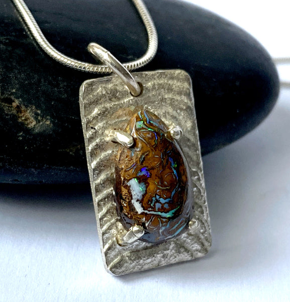 Unisex Boulder Opal Cuttlefish Cast Sterling Silver Pendant Necklace