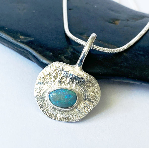 Lightning Ridge Opal Sterling Silver Textured Pendant Necklace