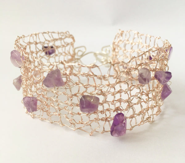 Silver & Rose Gold Hand Woven Wire & Amethyst Bracelet - Glitter and Gem Jewellery