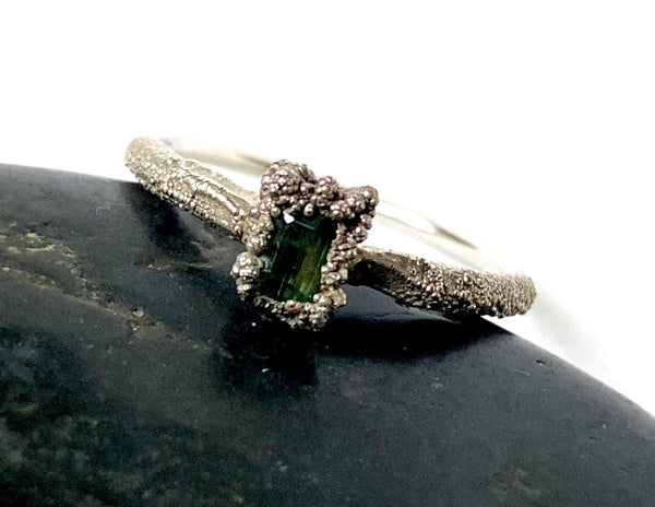 Green Tourmaline Silver Formed Textured Ring - Glitter and Gem Jewellery