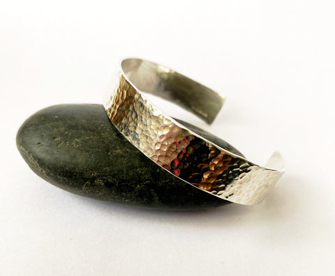 Hammered Textured Sterling Silver Cuff Bangle Bracelet - Glitter and Gem Jewellery