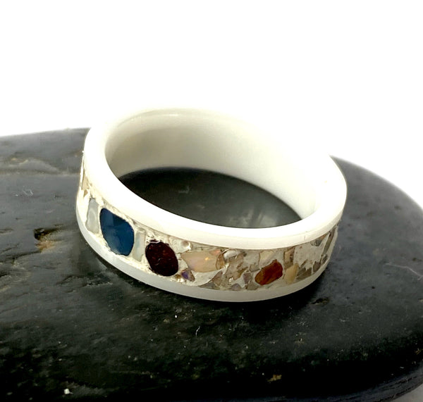 White Ceramic Opal & Sapphire Inlay Ring - Glitter and Gem Jewellery