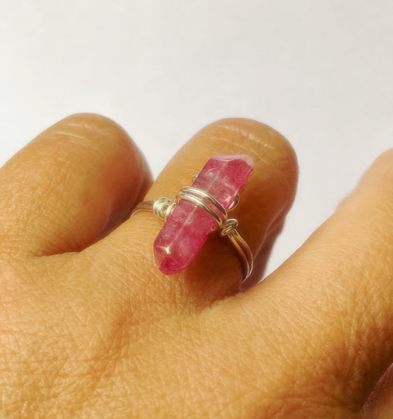 Pink Quartz Crystal Point Silver Filled Wire Ring - Glitter and Gem Jewellery