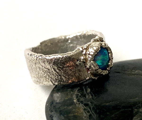 Solid Opal Textured Chunky Silver Unisex Ring