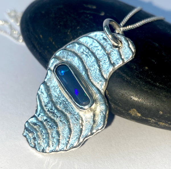 Cuttlefish Cast Solid Black Opal Silver Pendant Necklace.
