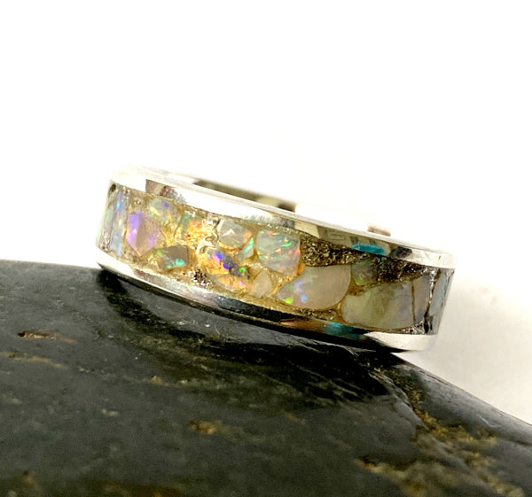 Sterling Silver Natural Opal Inlay Unisex Ring - Glitter and Gem Jewellery